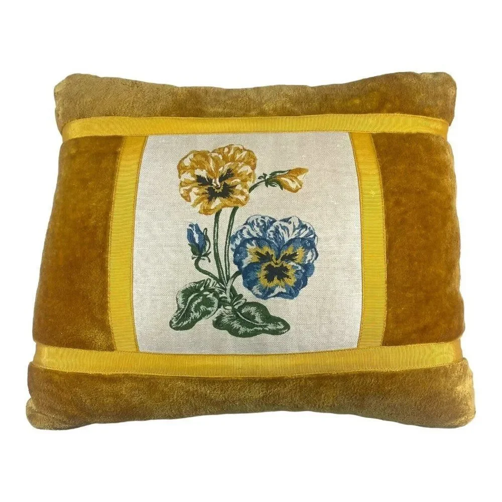 Vintage Handmade Pansy Panel MCM Retro Cottagecore Gold Yellow Pillow 11” Square